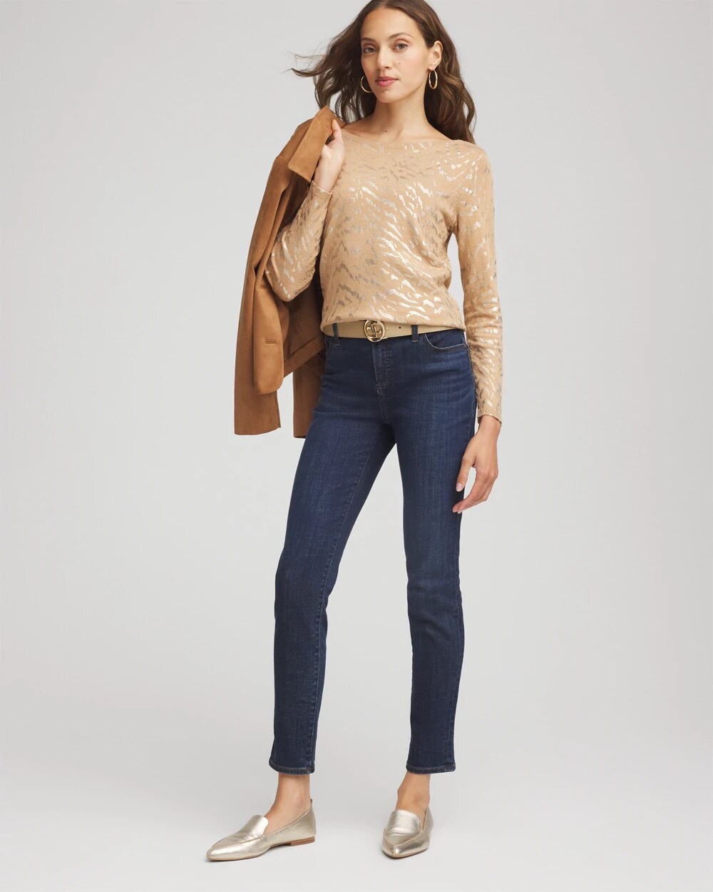 Chico's Online Faux Camel Heather Ella Boatneck Foiled Pullover Sweater
