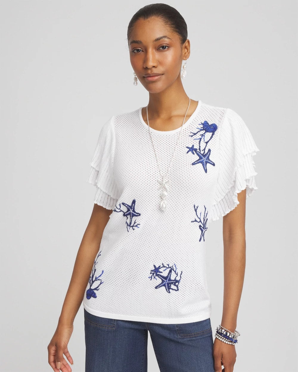 Chico's Discount Blue Casa Ocean Motif Pullover Sweater