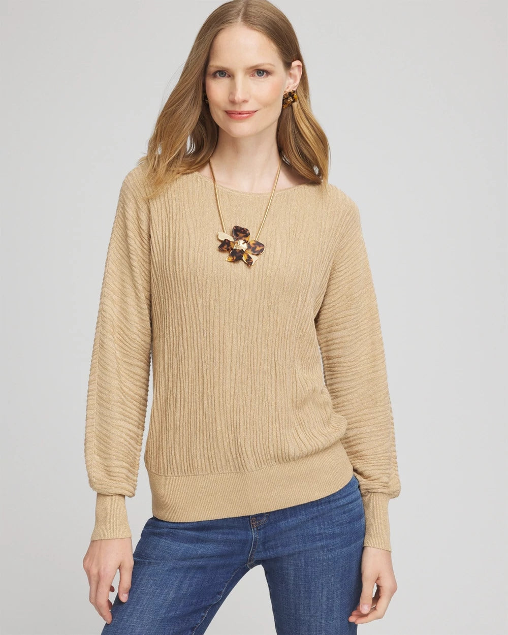 Chico's Outlet New Camel Heather Textured Zebra Print Dolman Sleeve Sweater