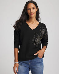 Chico's On Sale Black Floral Embellished Dolman V-Neck Pullover