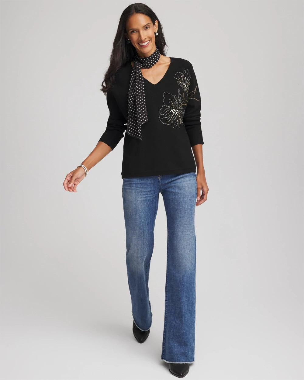 Chico's On Sale Black Floral Embellished Dolman V-Neck Pullover