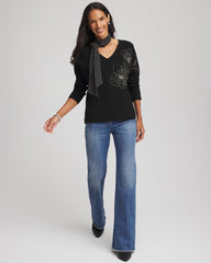 Chico's On Sale Black Floral Embellished Dolman V-Neck Pullover