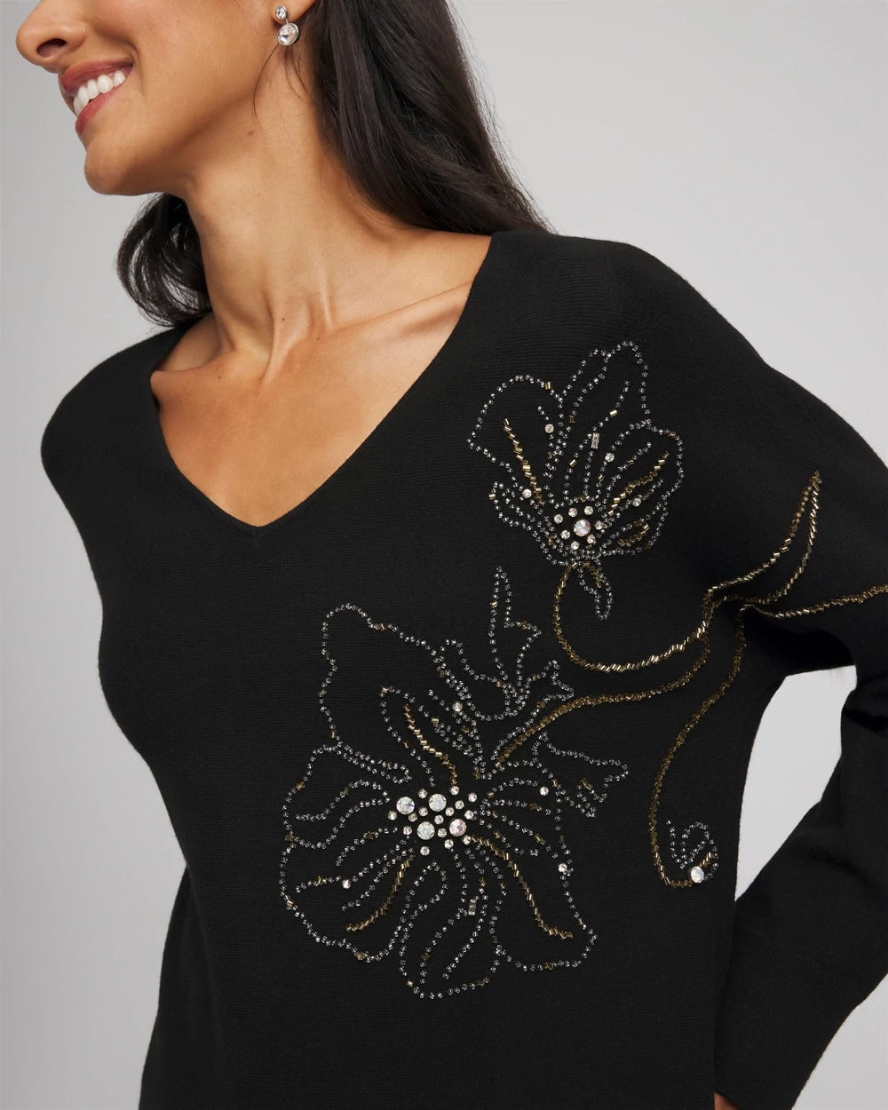Chico's On Sale Black Floral Embellished Dolman V-Neck Pullover