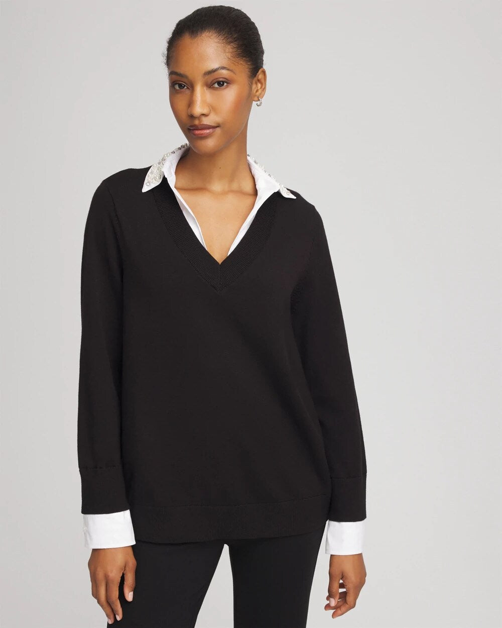 Chico's Online Black Embellished Layered Collar Shirt Sweater