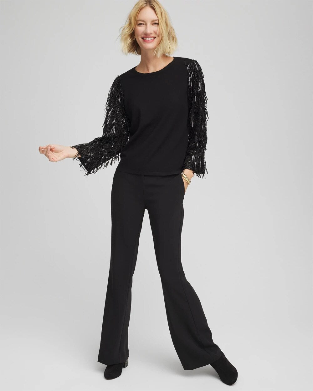 Chico's Discount Black Fringe Sequins Pullover Sweater