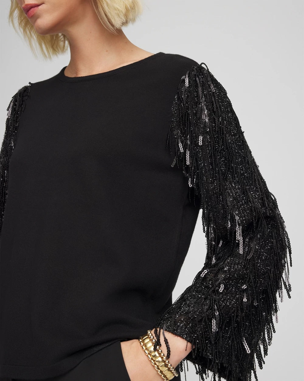 Chico's Discount Black Fringe Sequins Pullover Sweater
