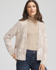 Chico's On Sale English Cream Fuzzy Jacquard Boyfriend Cardigan