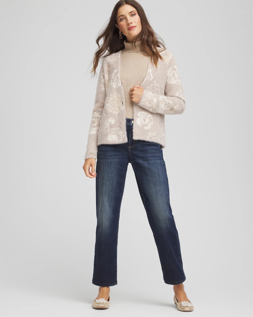 Chico's On Sale English Cream Fuzzy Jacquard Boyfriend Cardigan