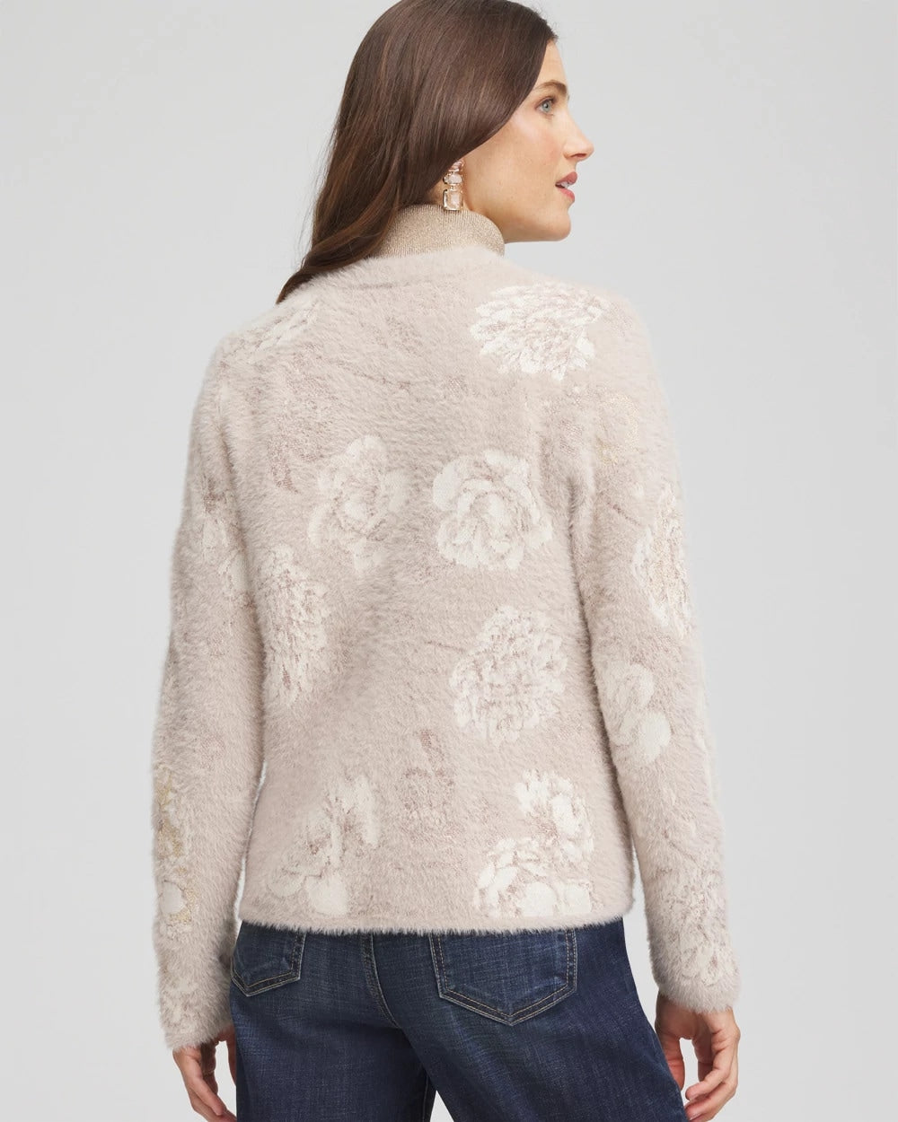 Chico's On Sale English Cream Fuzzy Jacquard Boyfriend Cardigan