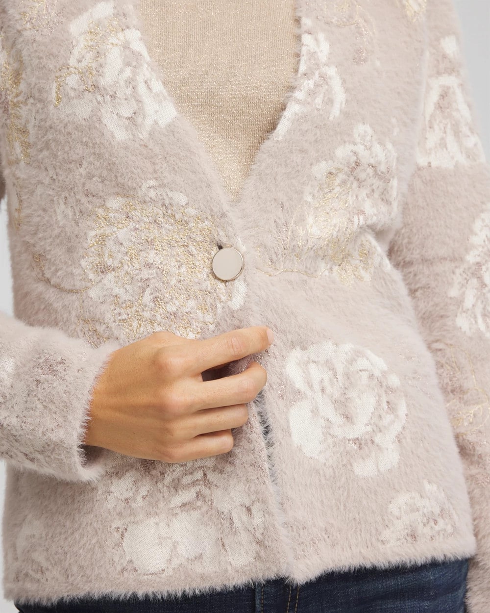 Chico's On Sale English Cream Fuzzy Jacquard Boyfriend Cardigan