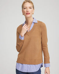 Chico's Online Caramel Apple Heather Camel Built-In Shirt Knit Sweater