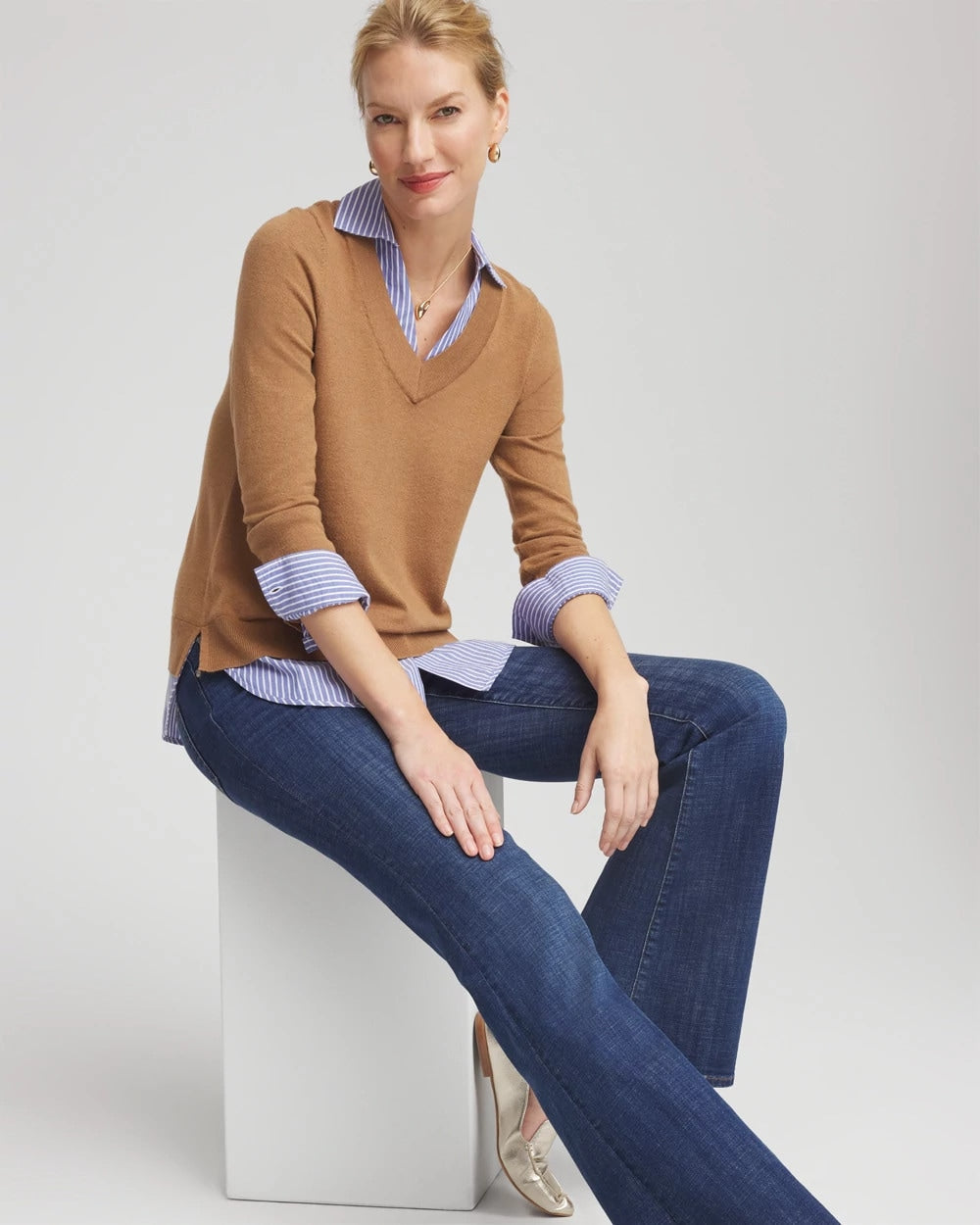 Chico's Online Caramel Apple Heather Camel Built-In Shirt Knit Sweater