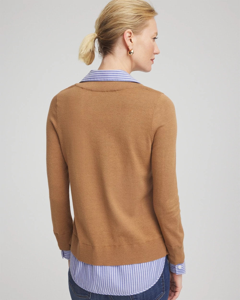 Chico's Online Caramel Apple Heather Camel Built-In Shirt Knit Sweater