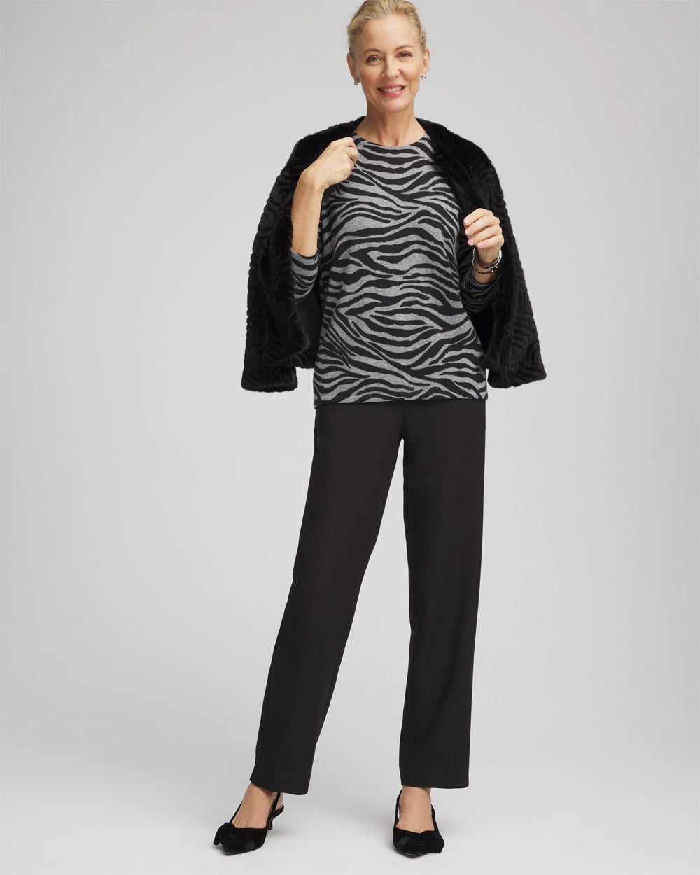 Chico's Outlet Black Cashmere Zebra Long-Sleeve Pullover Sweater