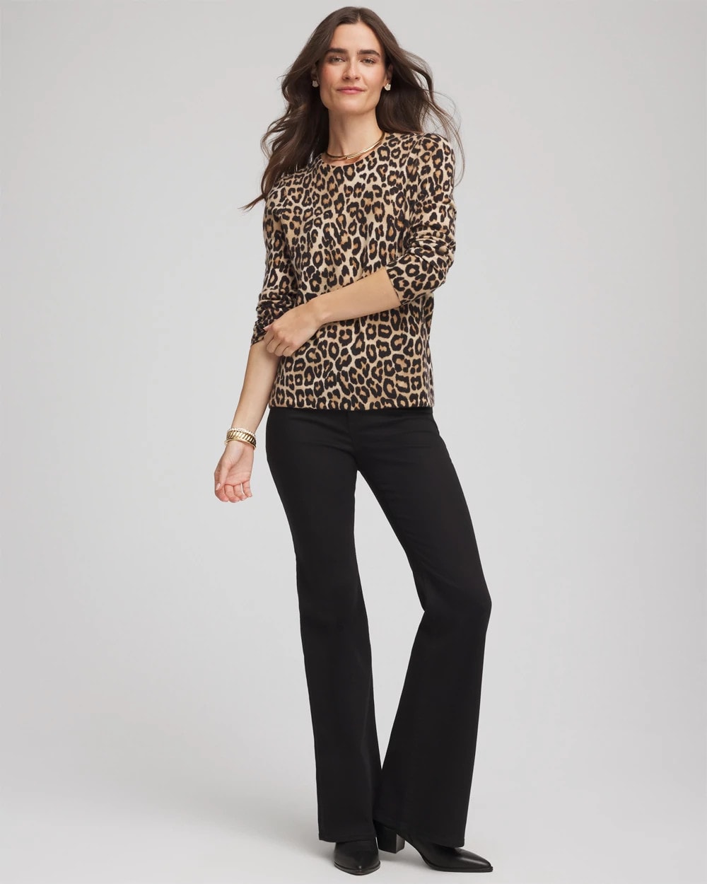Chico's On Sale Camel Cashmere Animal Long-Sleeve Pullover Sweater