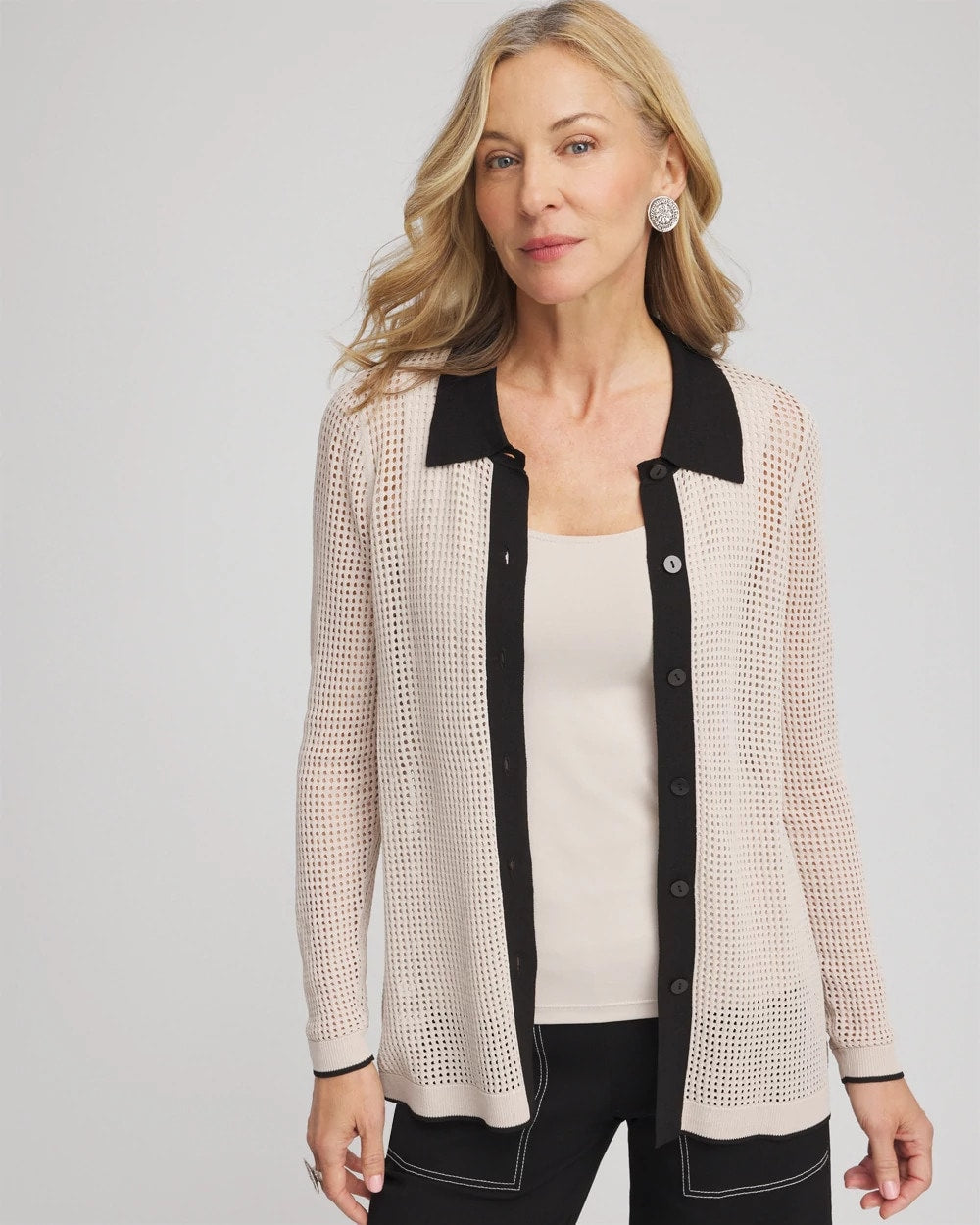Chico's Discount Smokey Taupe Pointelle Polo Cardigan