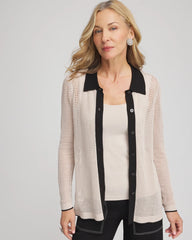 Chico's Discount Smokey Taupe Pointelle Polo Cardigan