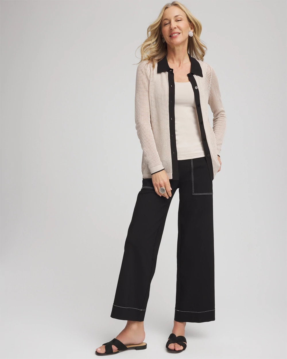 Chico's Discount Smokey Taupe Pointelle Polo Cardigan