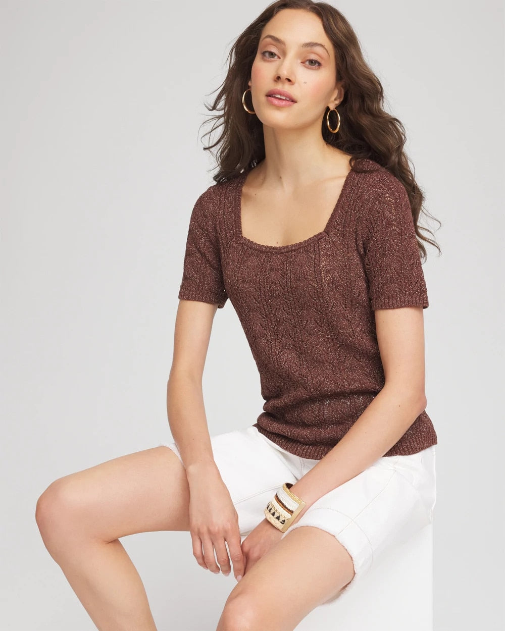 Chico's For Sale Cacao Pointelle Square-Neck Pullover Sweater