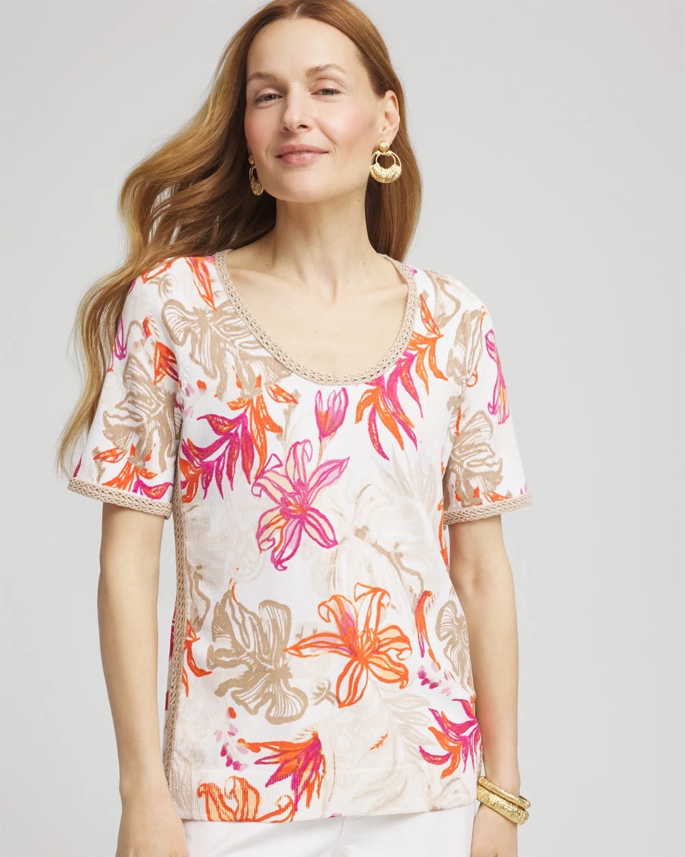 Chico's Sale Alabaster Floral Print Crochet-Trim Pullover Sweater