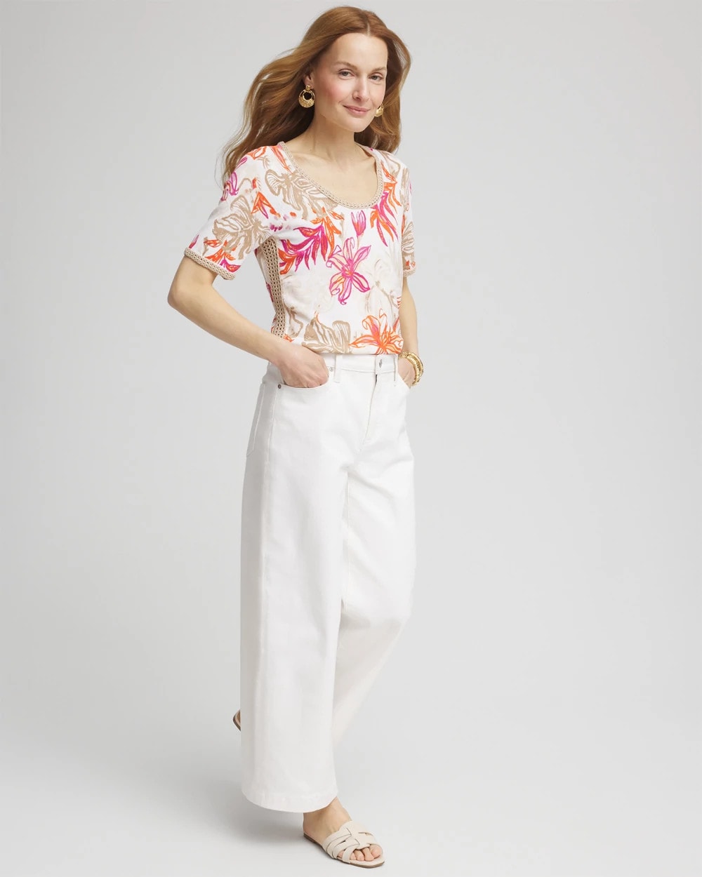 Chico's Sale Alabaster Floral Print Crochet-Trim Pullover Sweater