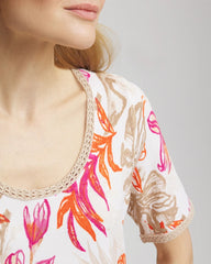 Chico's Sale Alabaster Floral Print Crochet-Trim Pullover Sweater