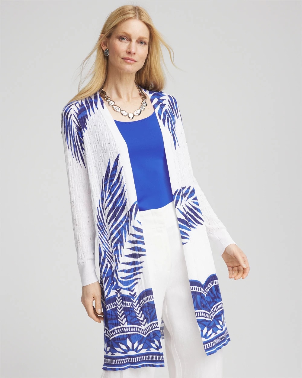 Chico's Outlet Alabaster Island Motif Pointelle Long Cardigan