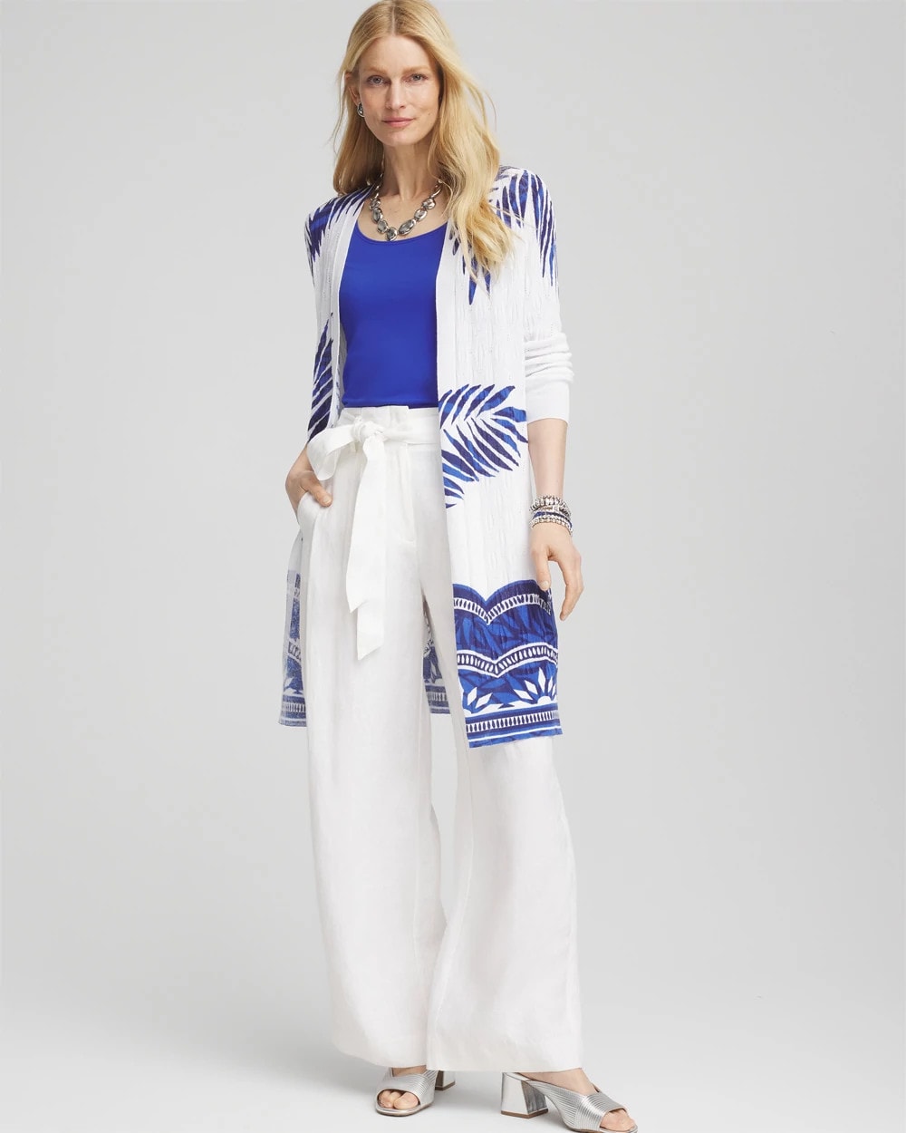 Chico's Outlet Alabaster Island Motif Pointelle Long Cardigan