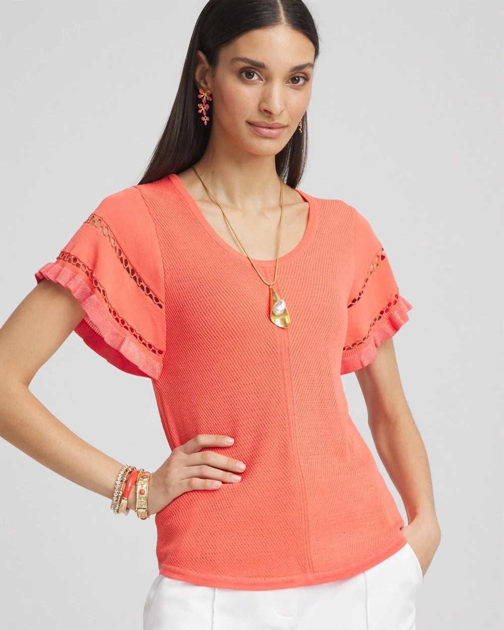 Chico's On Sale Melon Mambo Cutout Short-Sleeved Pullover Sweater