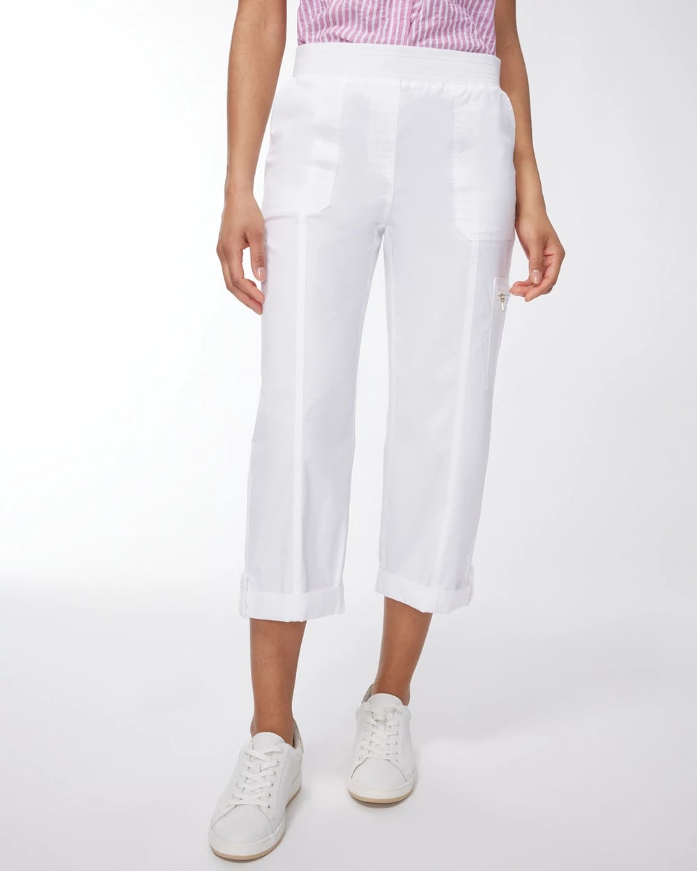 Chico's Discount Alabaster Alabaster Poplin Cropped Roll Tab Pants