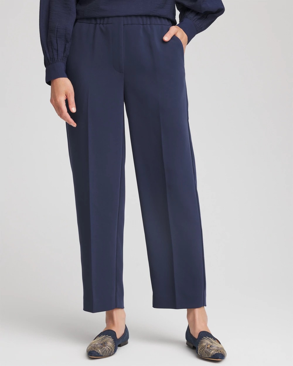 Chico's Online Passport Blue Stretch Crepe Tapered Ankle Pants