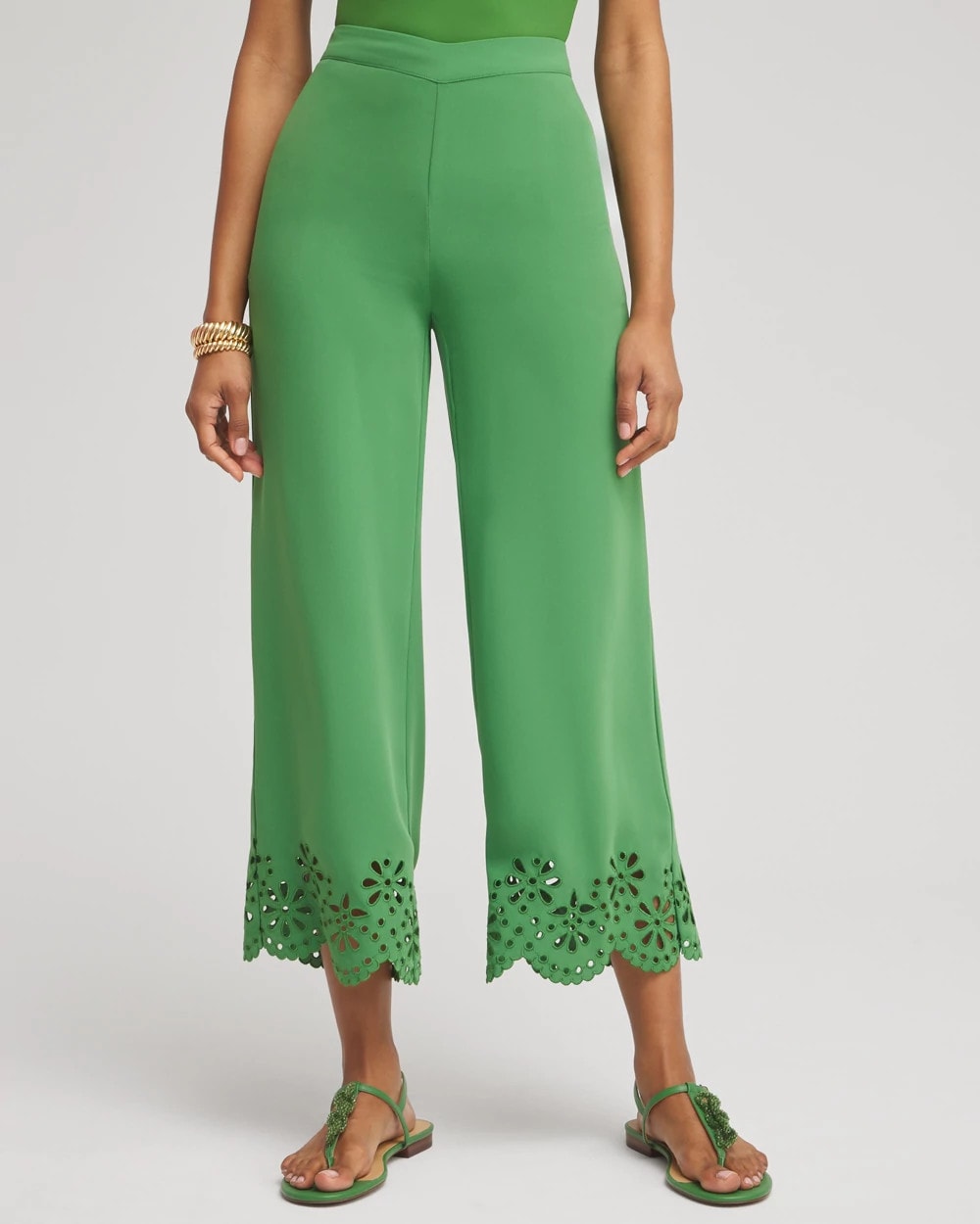 Chico's Sale Verdant Green Petite Satin Eyelet Hem Culottes