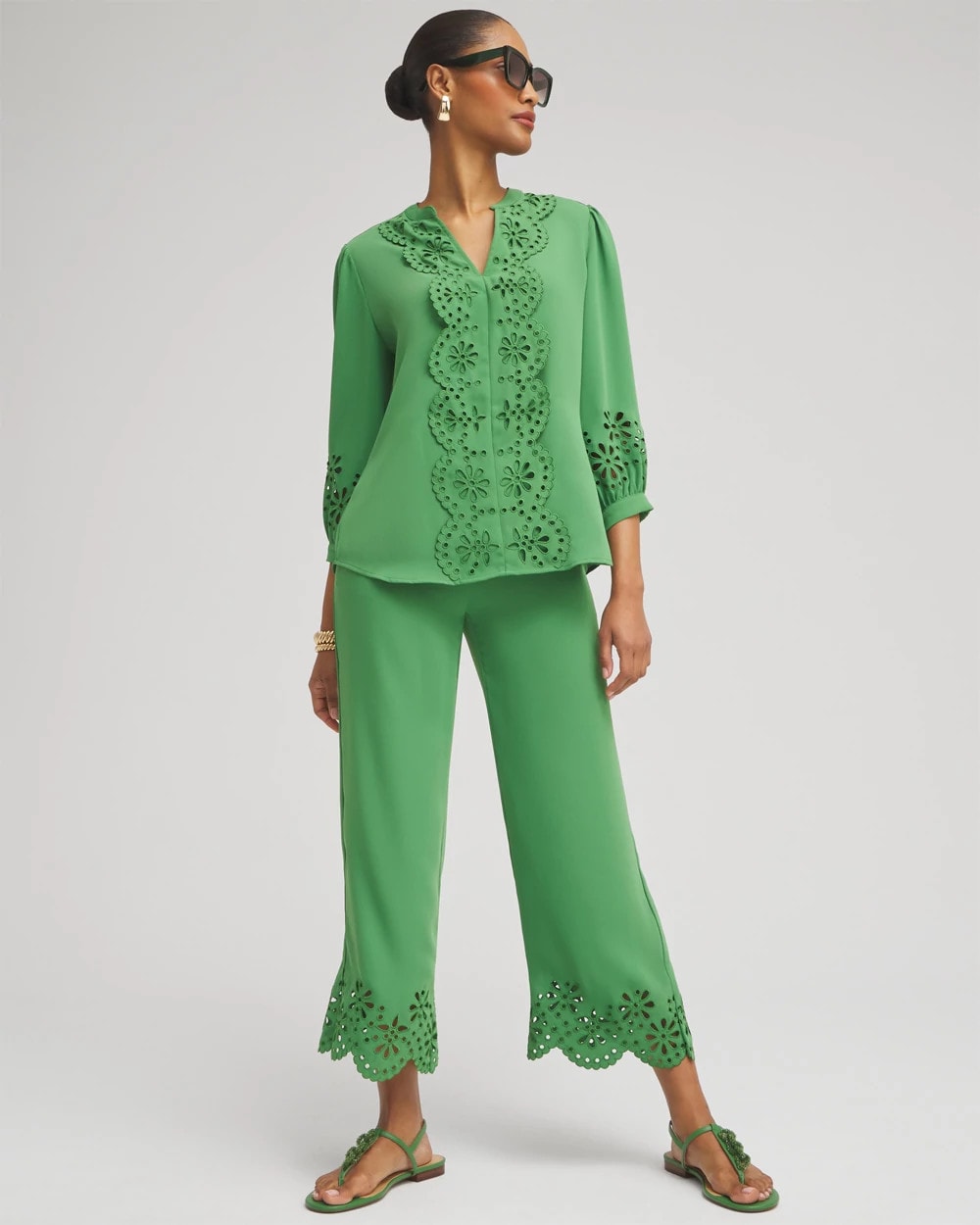 Chico's Sale Verdant Green Petite Satin Eyelet Hem Culottes