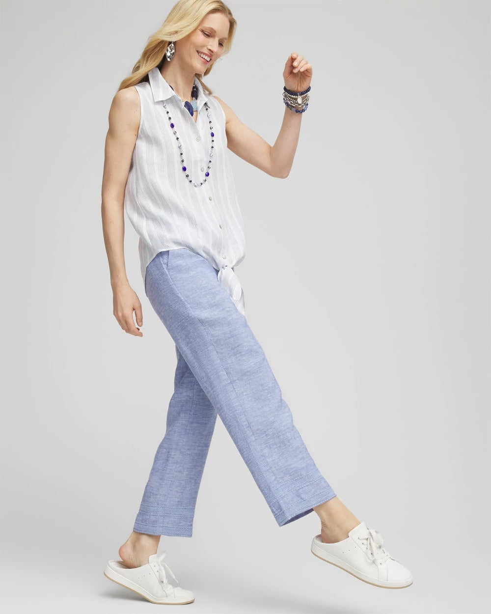 Chico's Online Blue Linen Pull On Waist Cropped Pants