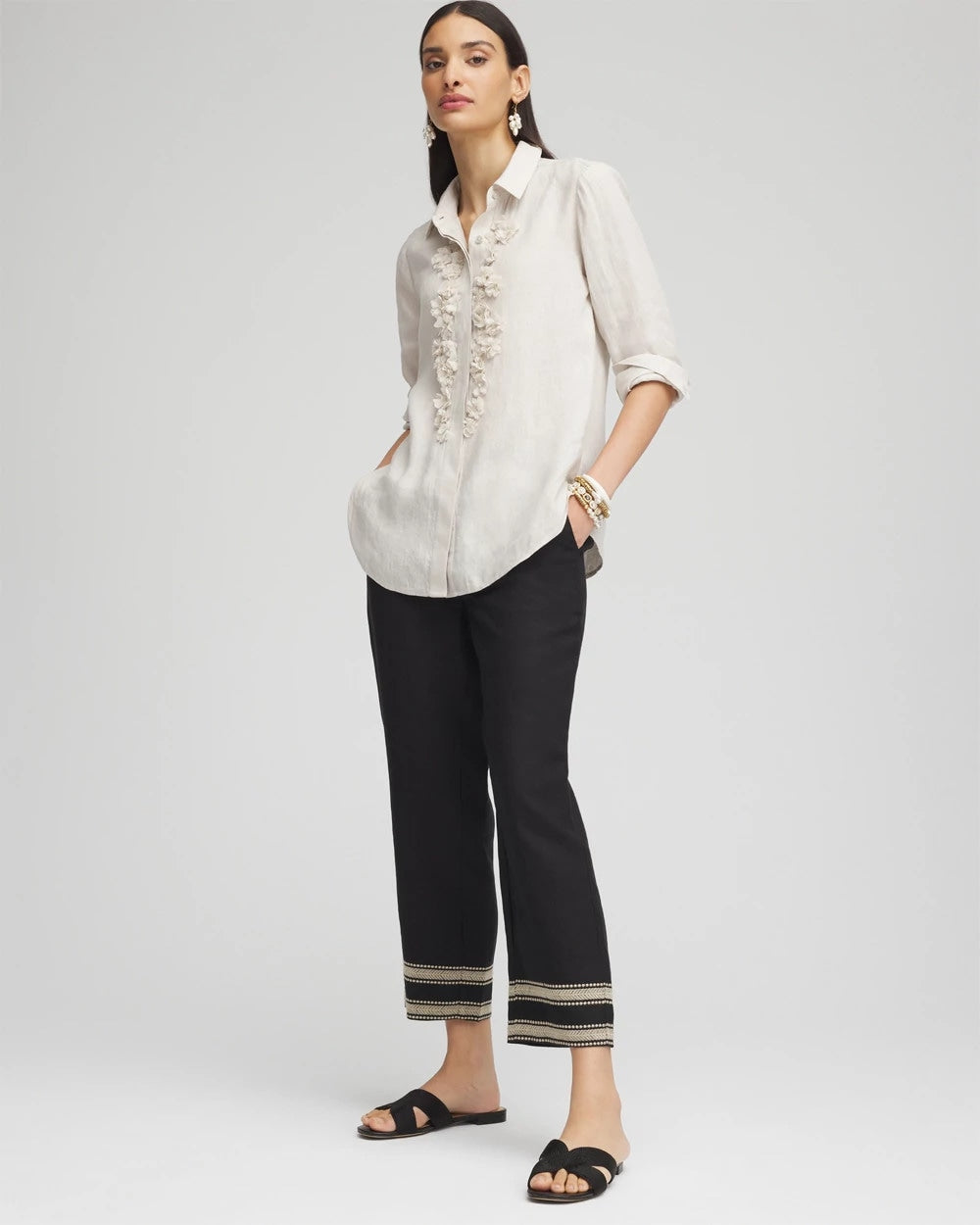 Chico's Discount Black Linen Elastic Waist Cropped Pants
