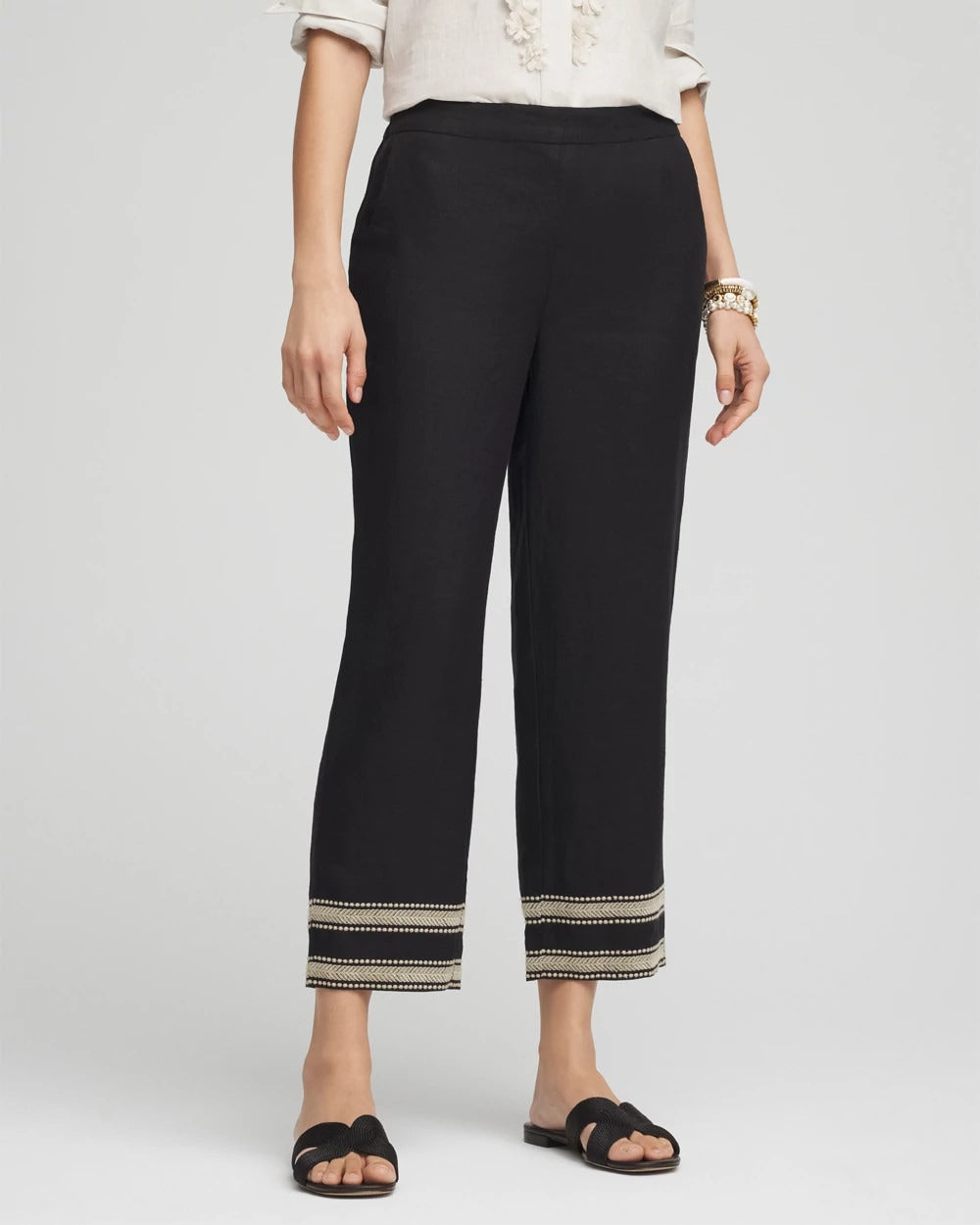 Chico's Discount Black Linen Elastic Waist Cropped Pants