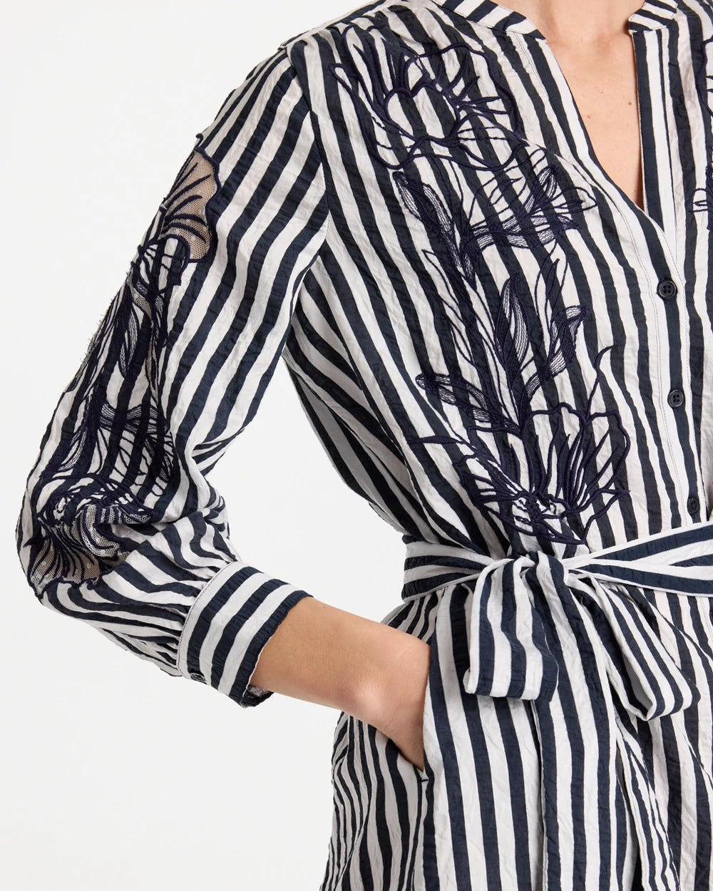 Chico's Online Navy Embroidered Striped Dress