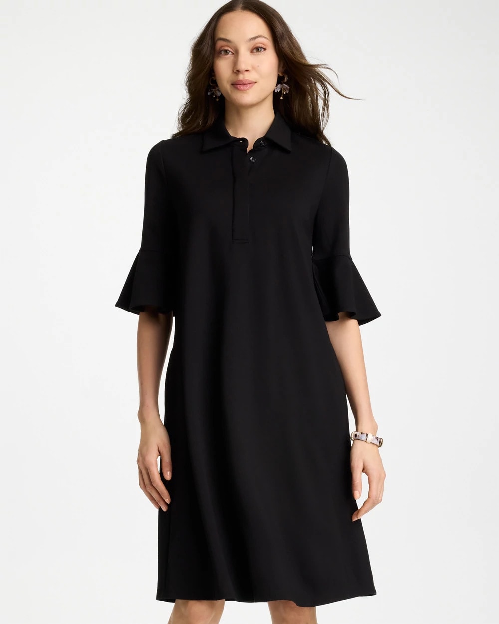 Chico's Sale Black Knit Flounce Sleeve Dress