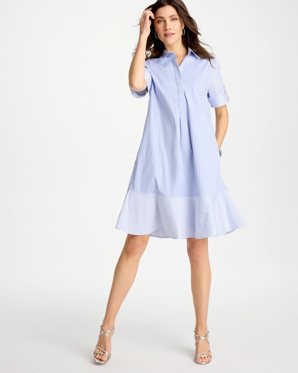 Chico's Outlet Blue Orchid Popover Striped Tiered Poplin Dress