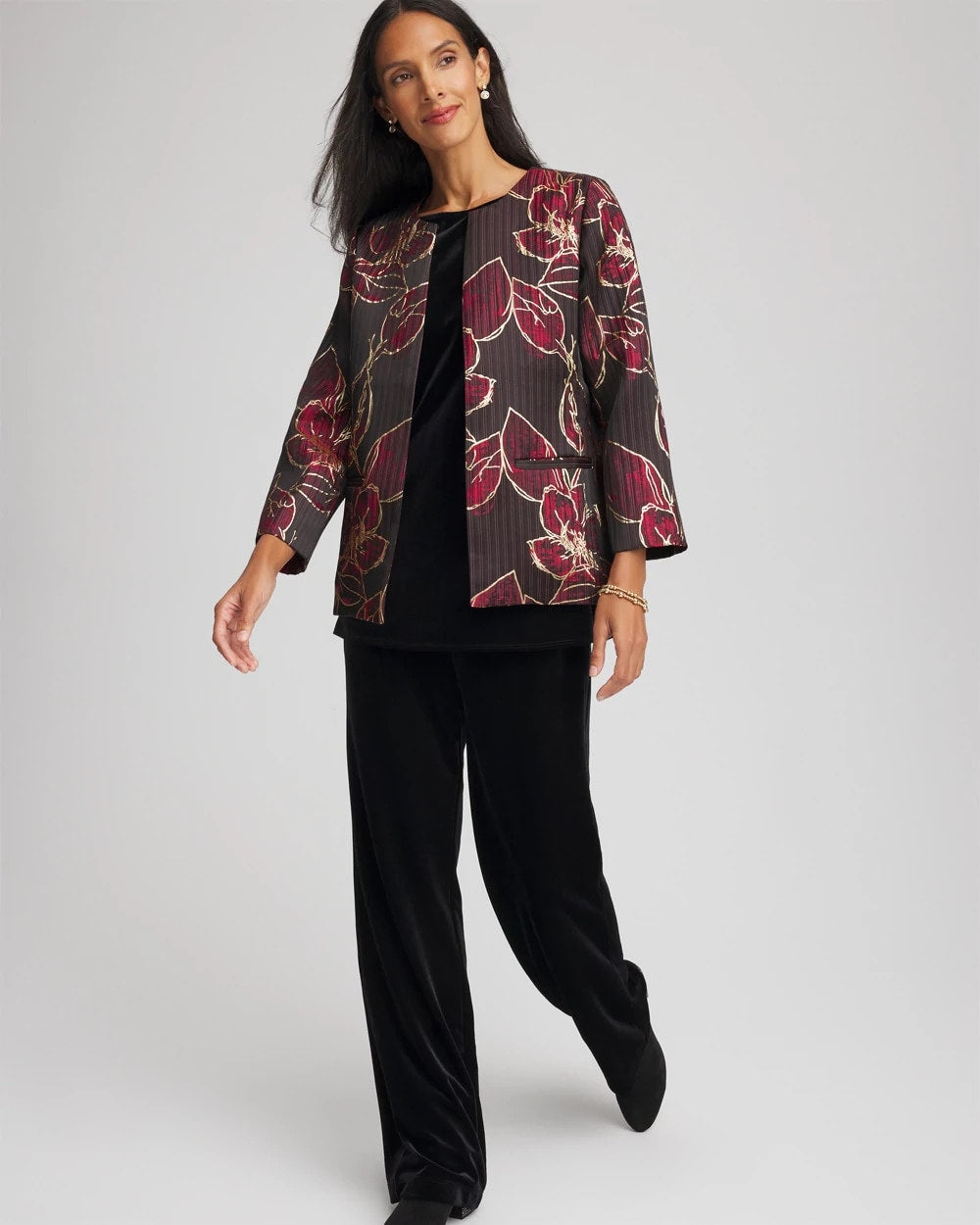 Chico's Online Red Travelers™ Collection Jacquard Foiled Floral Jacket