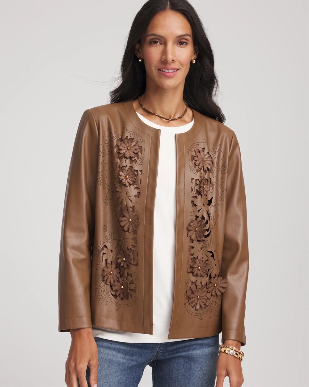 Chico's Discount Chocolate Truffle Floral Cutwork Faux Leather Jacket