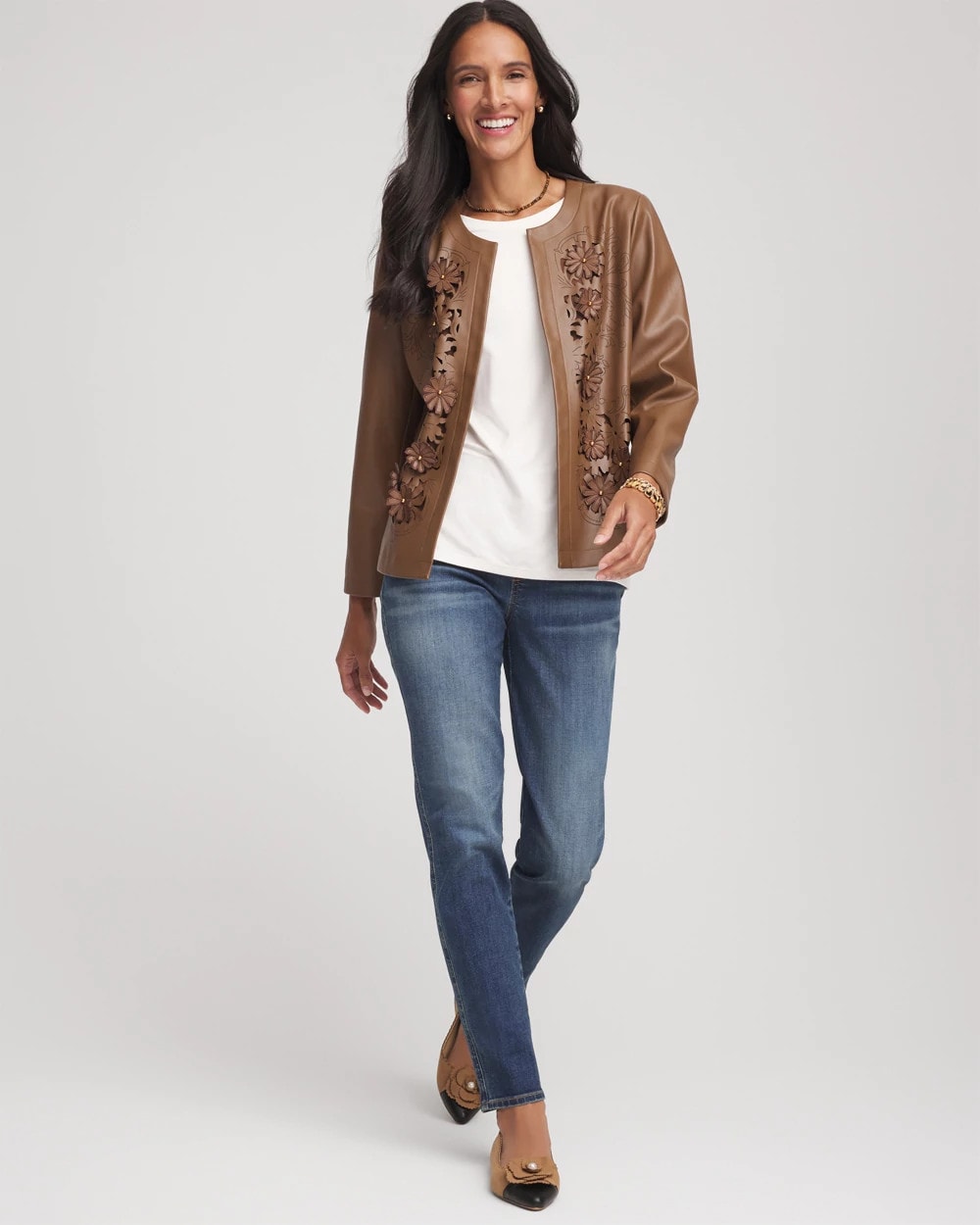 Chico's Discount Chocolate Truffle Floral Cutwork Faux Leather Jacket