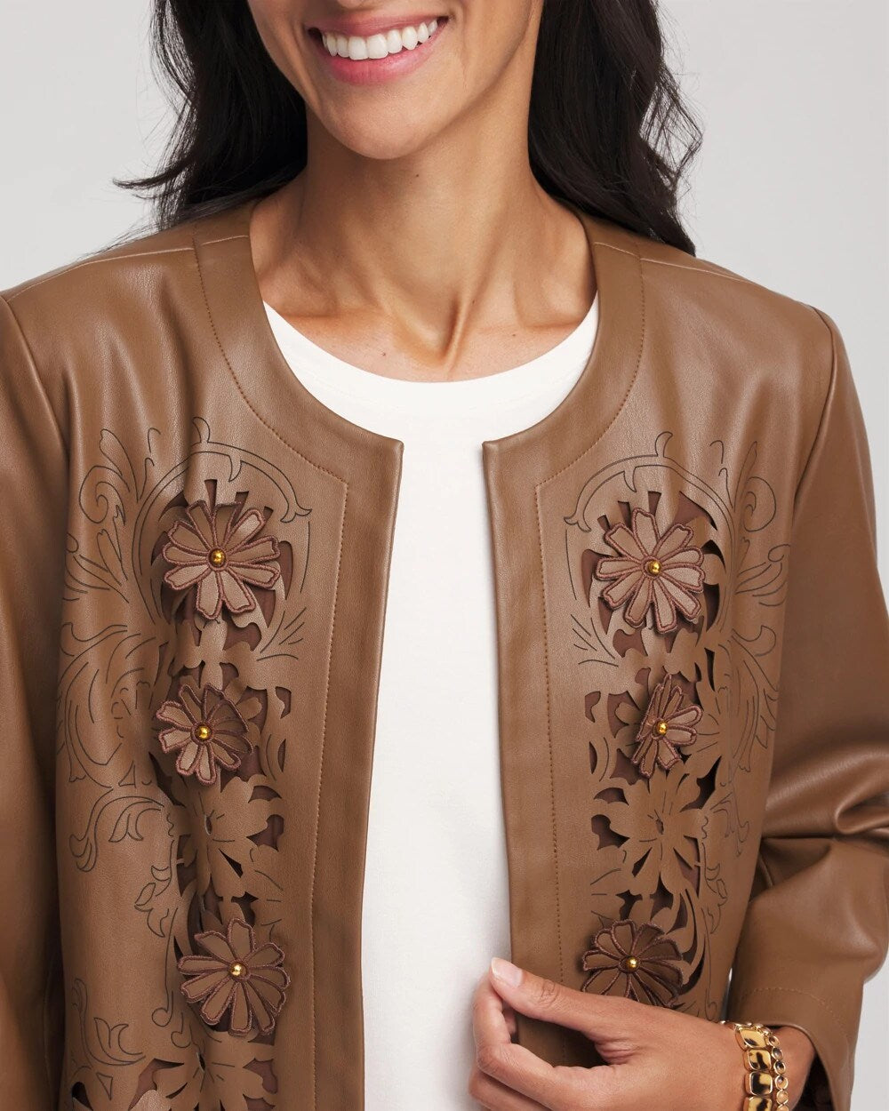 Chico's Discount Chocolate Truffle Floral Cutwork Faux Leather Jacket