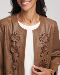 Chico's Discount Chocolate Truffle Floral Cutwork Faux Leather Jacket