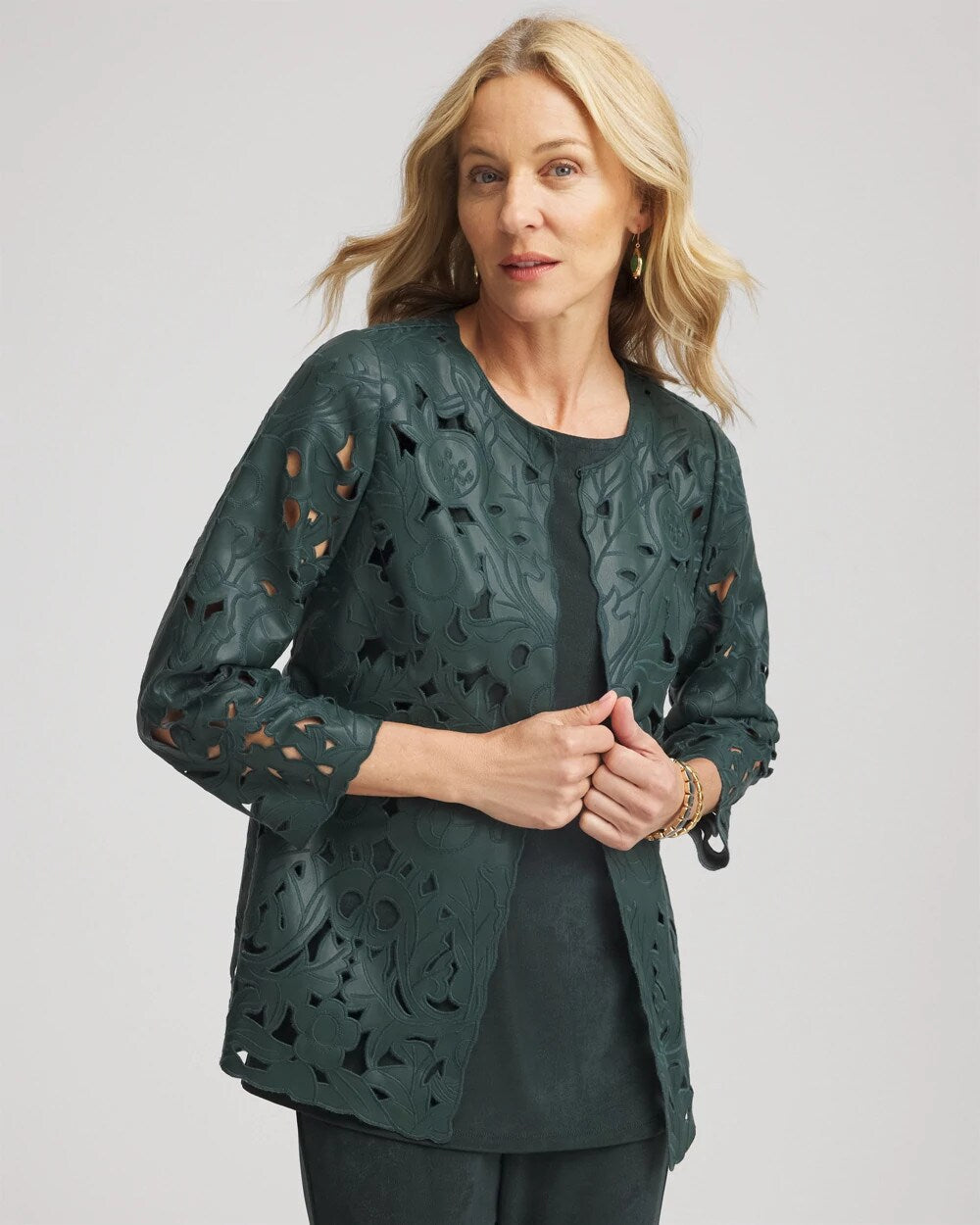 Chico's Sale Darkest Spruce Travelers™ Collection Faux Leather Floral Jacket