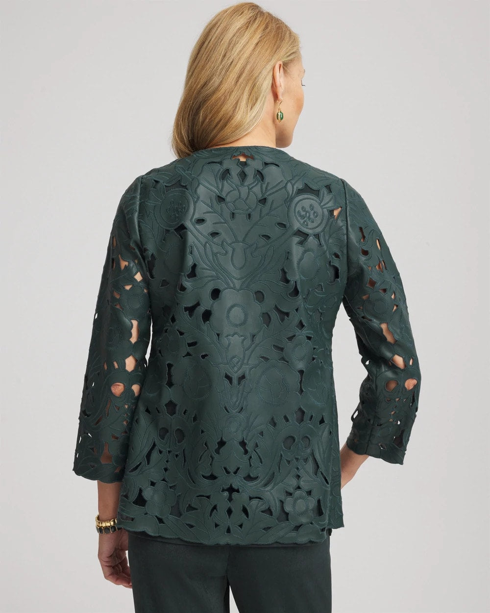 Chico's Sale Darkest Spruce Travelers™ Collection Faux Leather Floral Jacket