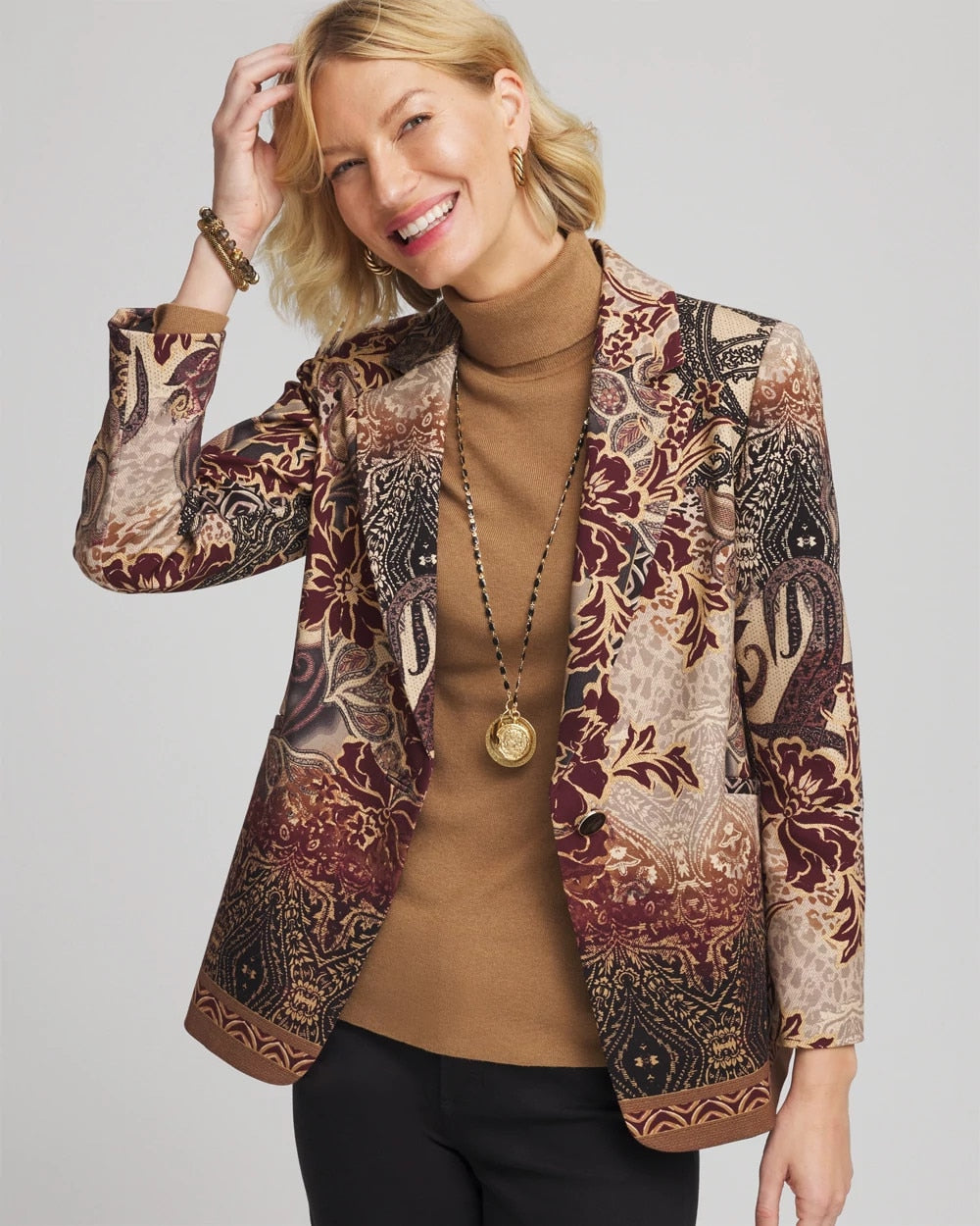 Chico's On Sale Graphite Gray Artisanal Print Ponte Blazer