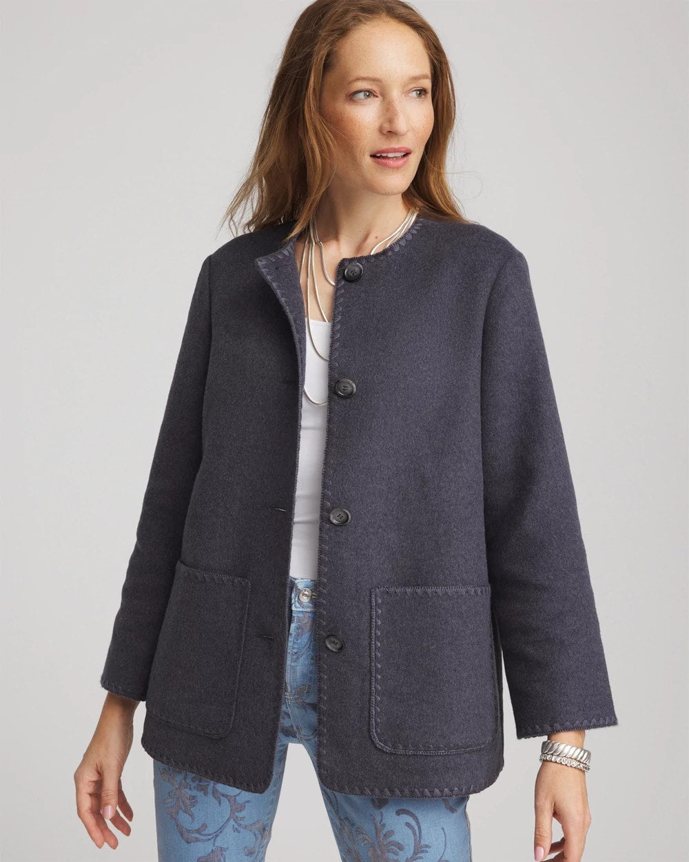 Chico's Sale Dark Denim Heather Wool Scarf Jacket