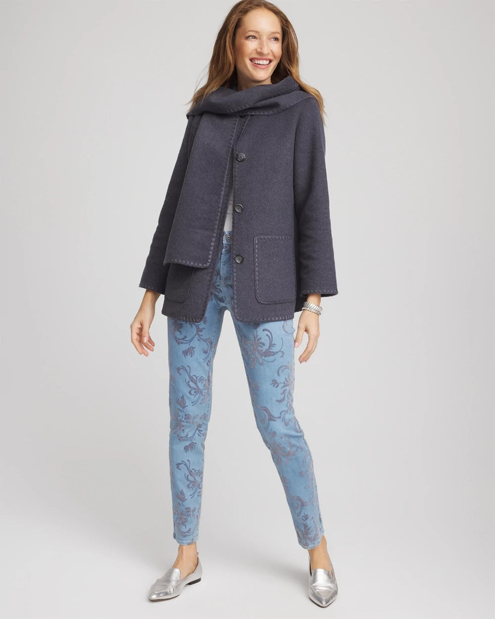 Chico's Sale Dark Denim Heather Wool Scarf Jacket