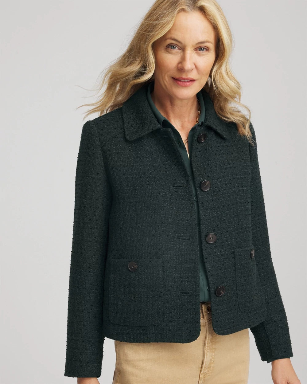 Chico's Sale Darkest Spruce Tweed Cropped Jacket